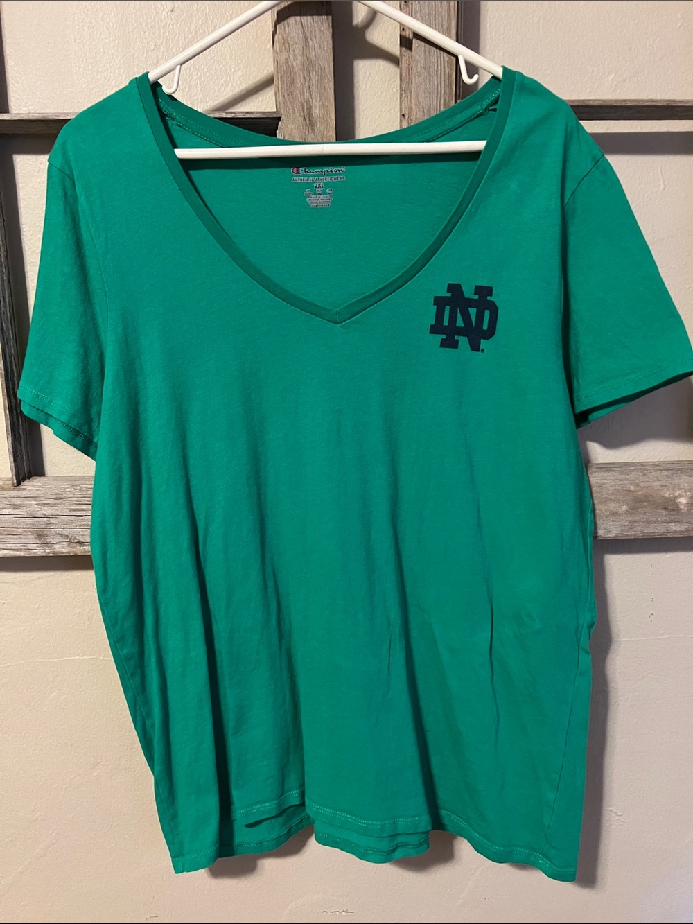 Champion Green V-Neck Tee with Navy ND Logo